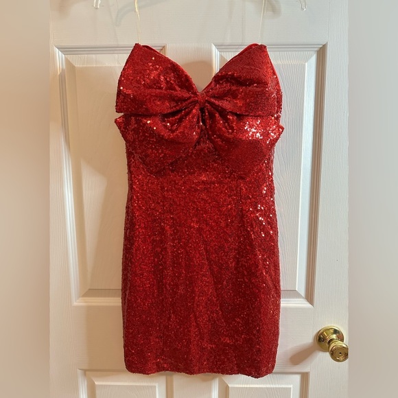 GAUDIE Boutique Red Sequined Front Bow Detail Mini Dress Anthropologie - Picture 4 of 6